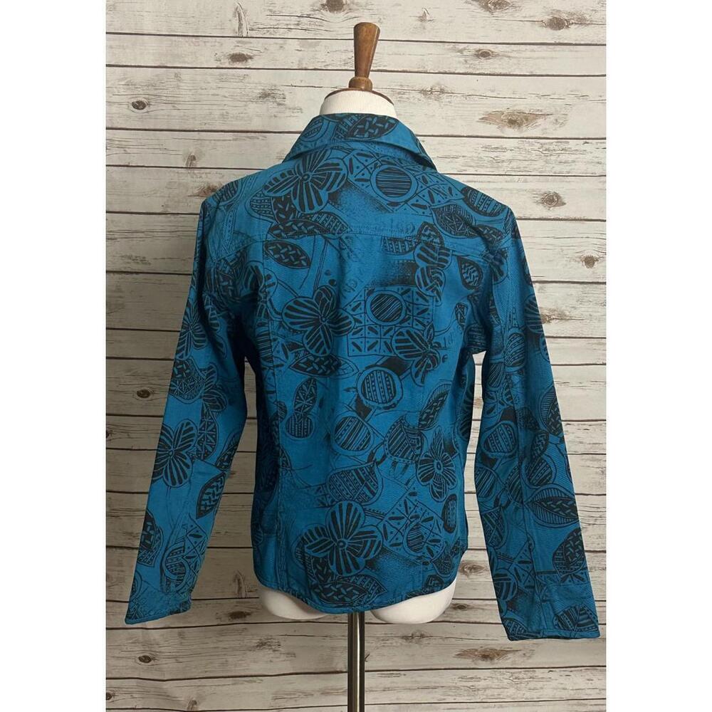 Chico's teal/black artsy tribal floral cotton denim jacket Size 1/Med/8 - Picture 6 of 7